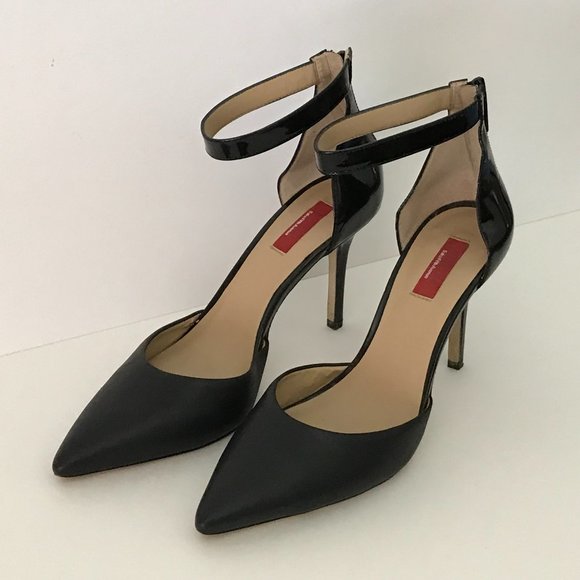 RED Saks Fifth Avenue Black Pump Strap Leather Shoes Pointed Toe Back Zip - Picture 1 of 10